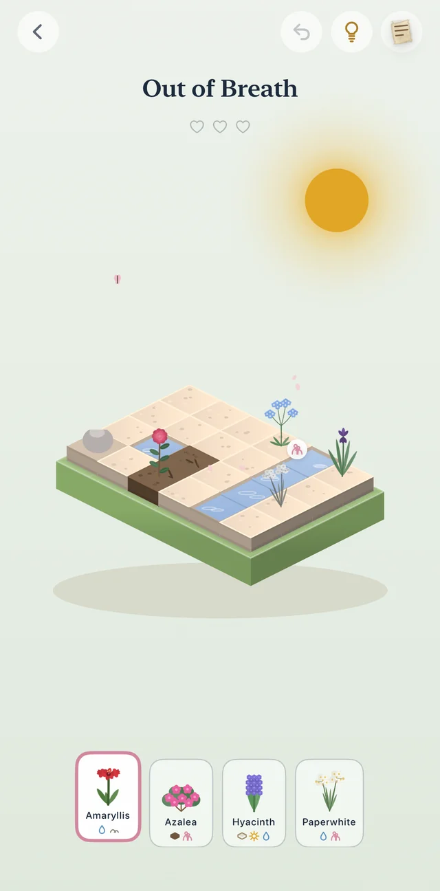 A flower bed with a pond at its edge. An iris stands on the square beside the water; a row of plants waits below: amaryllis, azalea, hyacinth, paperwhite.