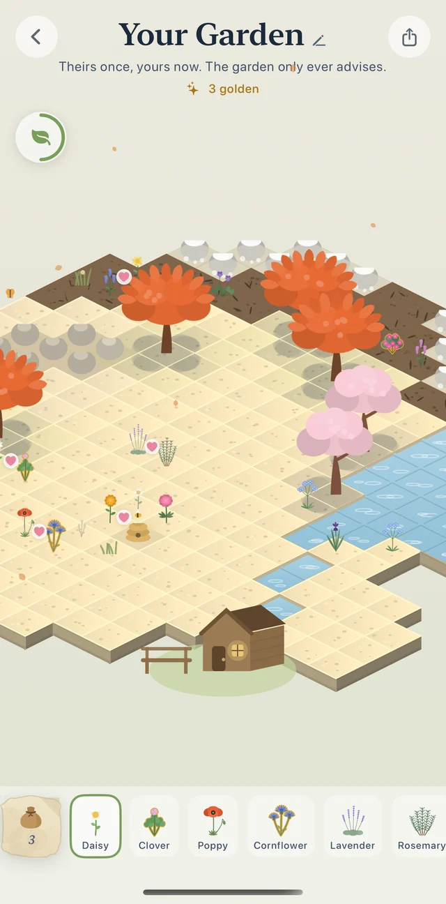 Your Garden by day: a wide plot of pale squares with red-leaved trees, flowering beds, a pond and a small shed, three plants golden.