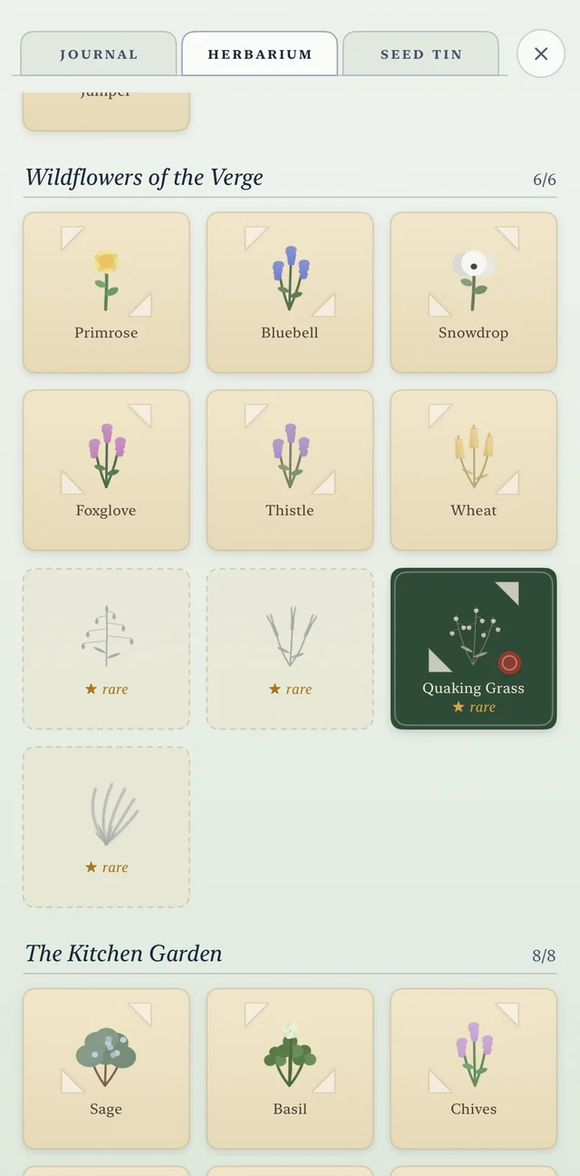 The Wildflowers of the Verge chapter, 6 of 6 and sealed, with the five rare plates below it: four still faint and one, Quaking Grass, earned, on a dark green plate with a gold star.