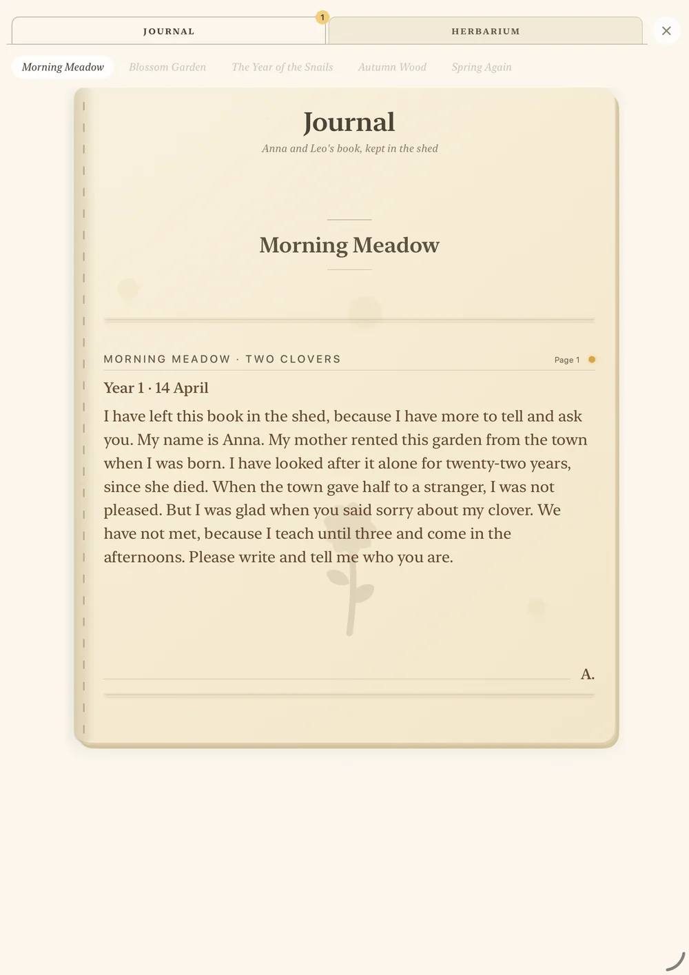 The journal on an iPad: a cream book headed Journal, Anna and Leo's book, kept in the shed, open at the Morning Meadow chapter.