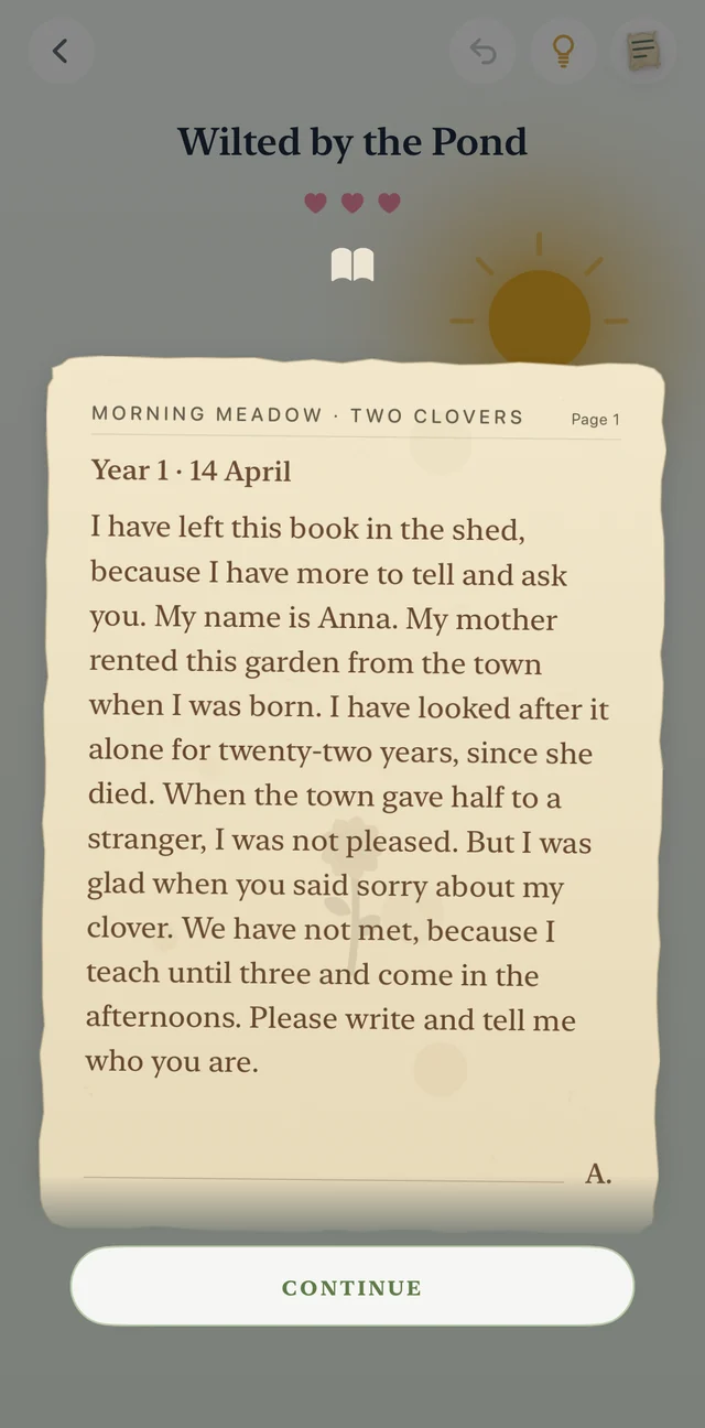 A journal page opened over a flower bed, headed Year 1, 14 April, in which Anna writes that she has left the book in the shed and asks the stranger to write and say who they are. It is signed A.