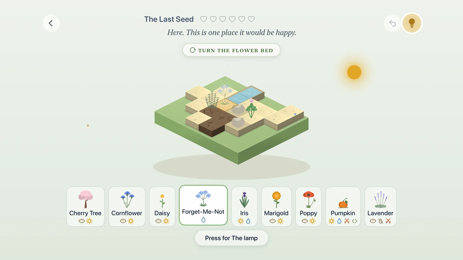 Turnleaf on a television: a flower bed called The Last Seed on a wide pale screen, the lamp lit and its advice written above the bed, the row of plants below.